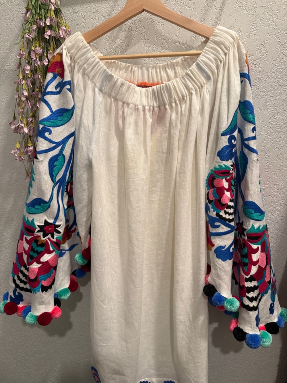 Embroidered Linen Off-Shoulder Peasant Top - White with Multicolor Sleeves